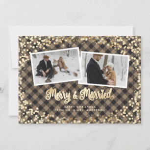 Sparkly Plaid Gold Newlywed Photo Christmas Holiday Card