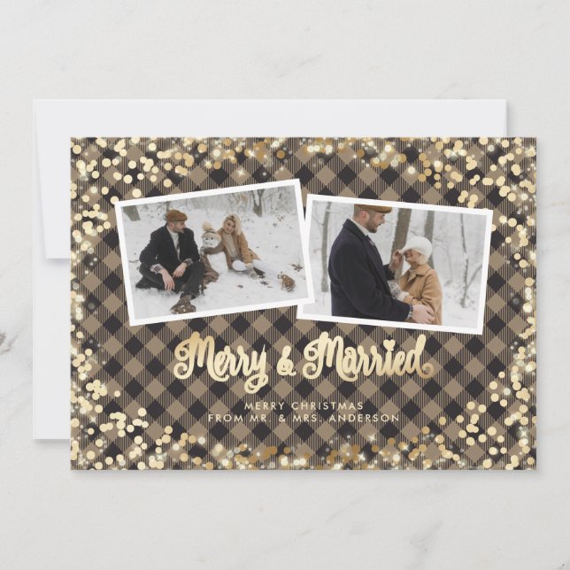 Sparkly Plaid Gold Newlywed Photo Christmas Holiday Card (Front)