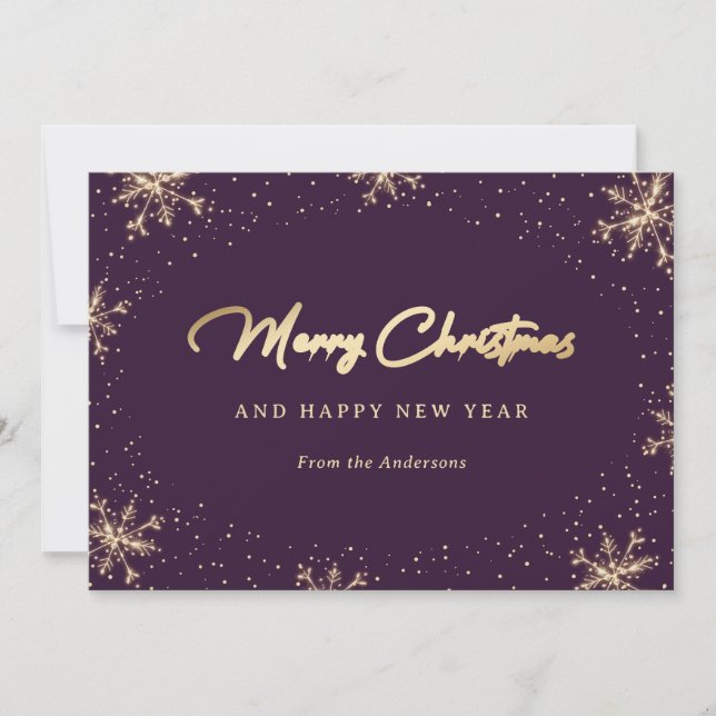 Sparkly Purple and Gold Snowflake Holiday Card (Front)