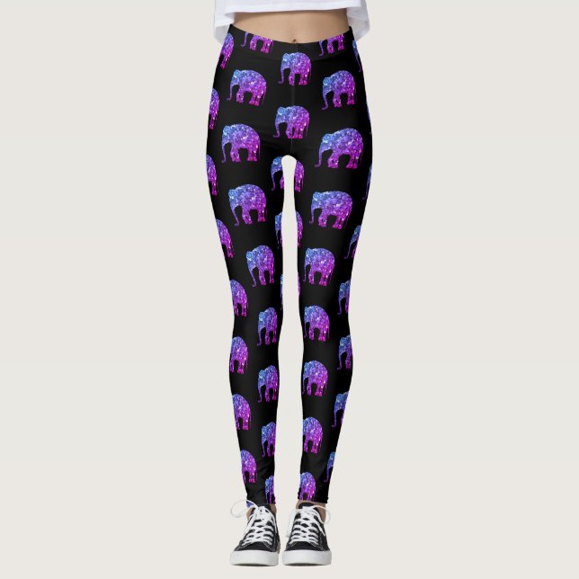 Sparkly purple blue ombre Elephant pattern black Leggings (Front)