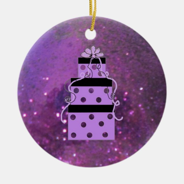 Sparkly Purple Christmas Packages Ceramic Ornament (Front)