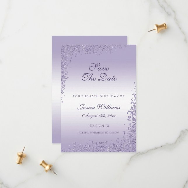 Sparkly Purple Glitter Decoration Birthday Save The Date (Front/Back In Situ)