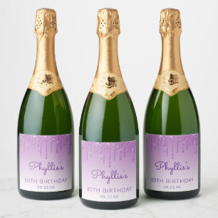 Sparkly Purple Glitter Drip 70th Birthday Party Sparkling Wine Label