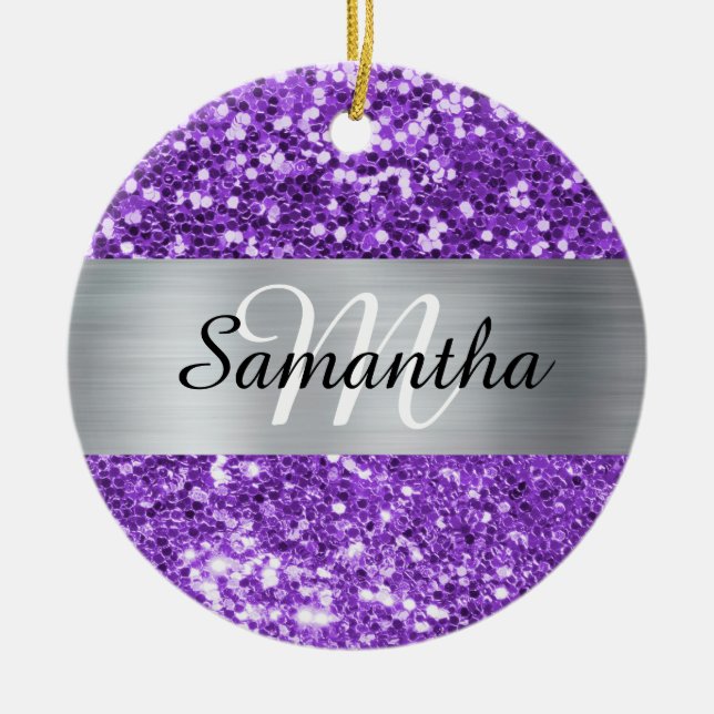 Sparkly Purple Glitter Silver Foil Monogram Ceramic Ornament (Front)