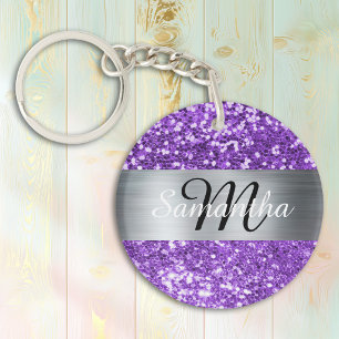 Sparkly Purple Glitter Silver Foil Monogram Keychain