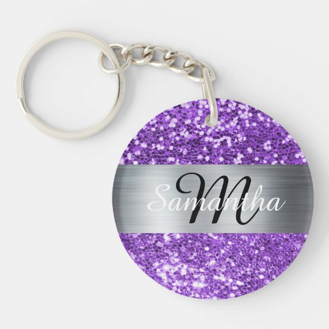 Sparkly Purple Glitter Silver Foil Monogram Keychain (Front)