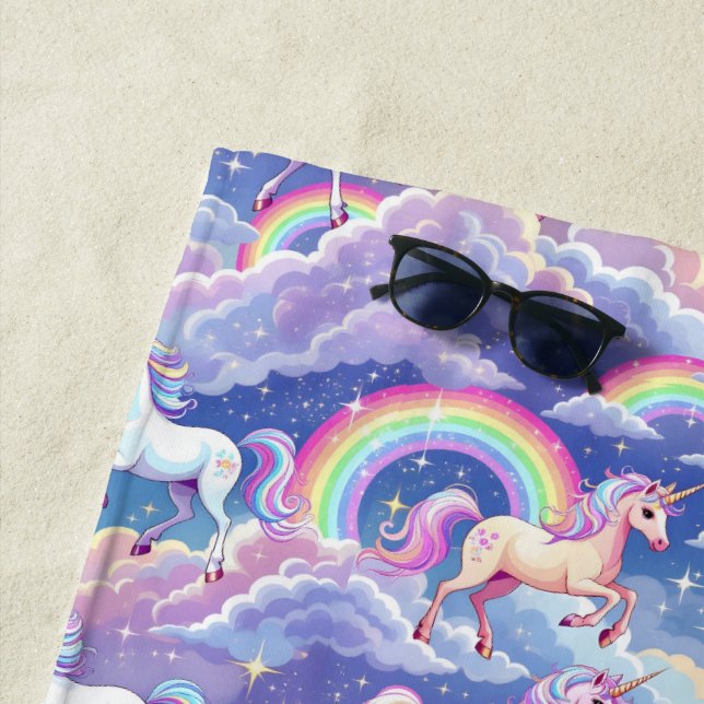 Sparkly rainbow and unicorns on clouds beach towel (In Situ)