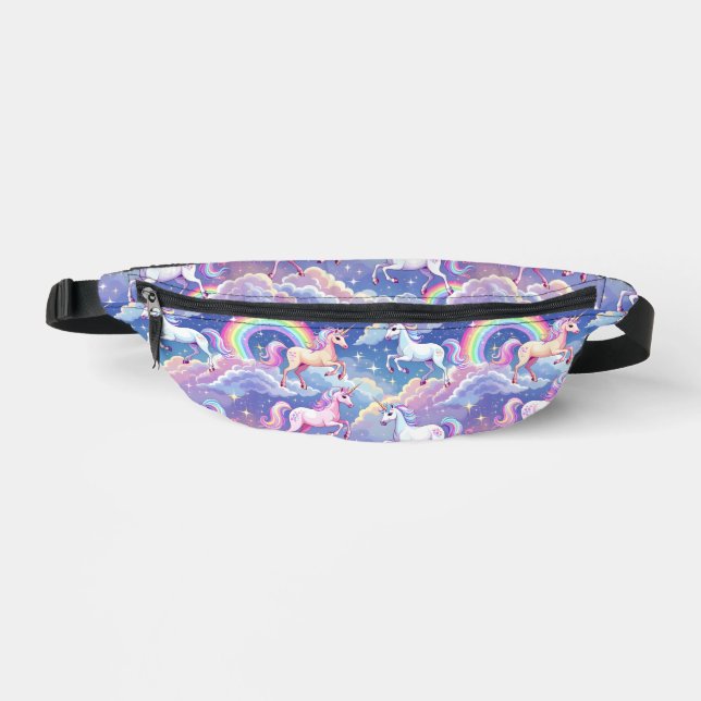 Sparkly rainbow and unicorns on clouds fanny pack (Front)
