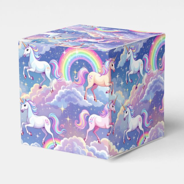 Sparkly rainbow and unicorns on clouds favor box (Front Side)