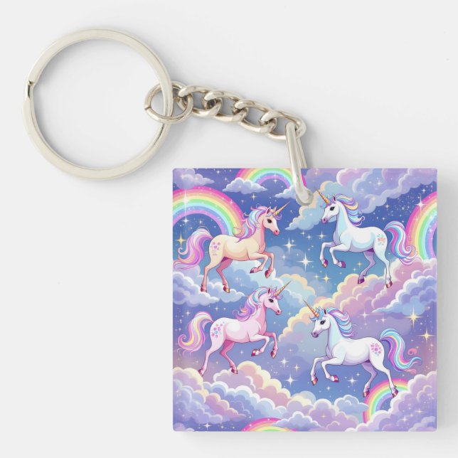 Sparkly rainbow and unicorns on clouds keychain (Front)