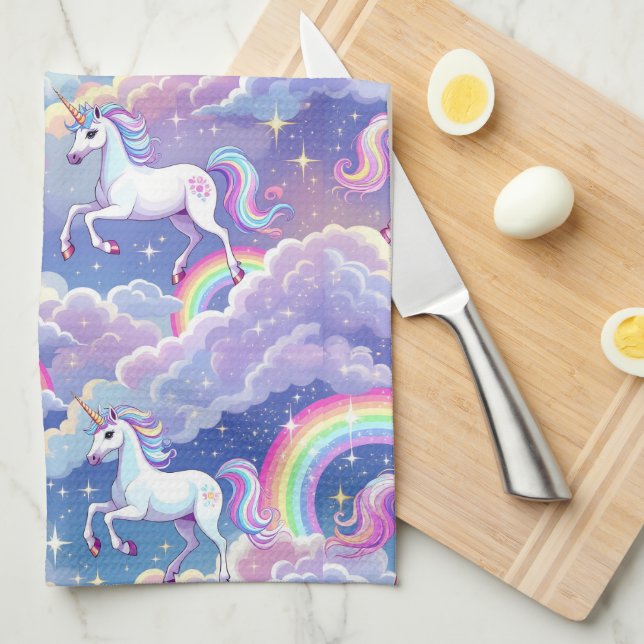 Sparkly rainbow and unicorns on clouds kitchen towel (Quarter Fold)