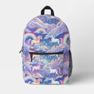 Sparkly rainbow and unicorns on clouds printed backpack