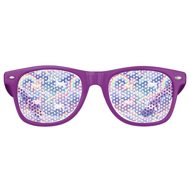 Sparkly rainbow and unicorns on clouds retro sunglasses (Front)