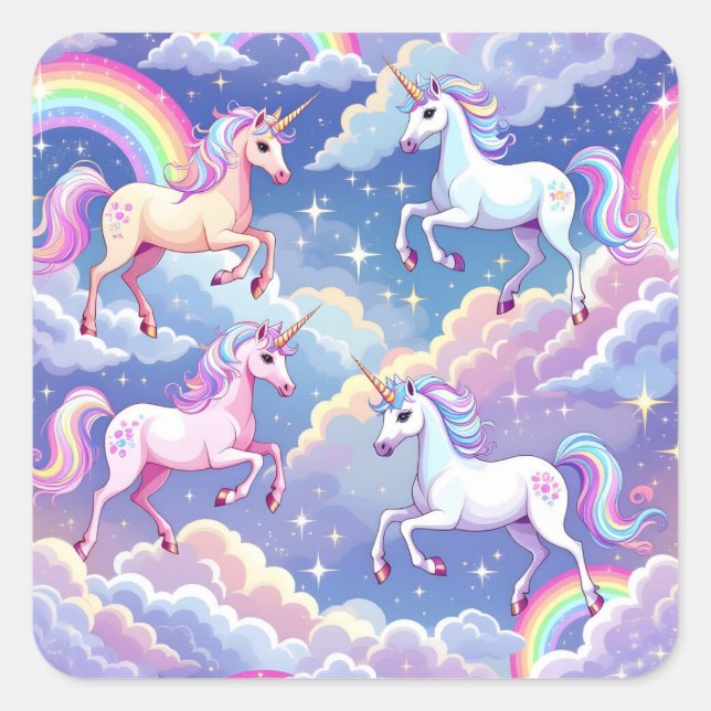 Sparkly rainbow and unicorns on clouds square sticker (Front)
