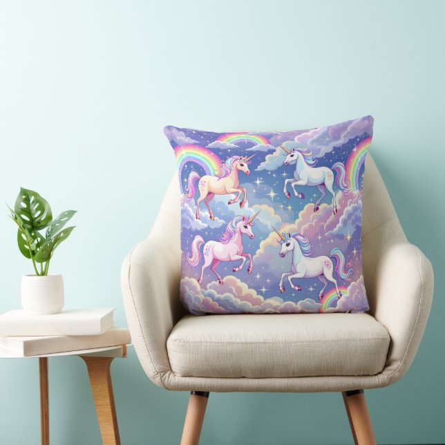 Sparkly rainbow and unicorns on clouds throw pillow (Chair)