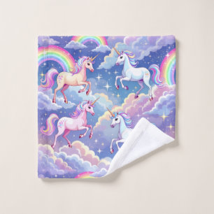 Sparkly rainbow and unicorns on clouds wash cloth