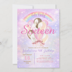 Sparkly Rainbow Glitter Balloon 16th Birthday Invitation