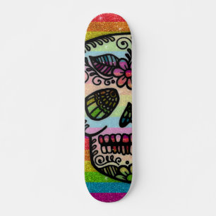 Sparkly Rainbow Glitter Sugar Skull Tattoo Design Skateboard