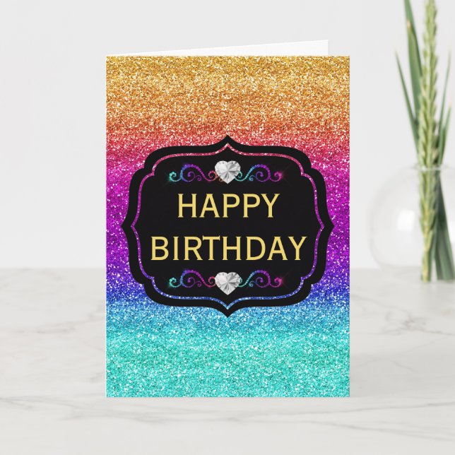 Sparkly Rainbow Gradient Glitter Birthday Card (Front)
