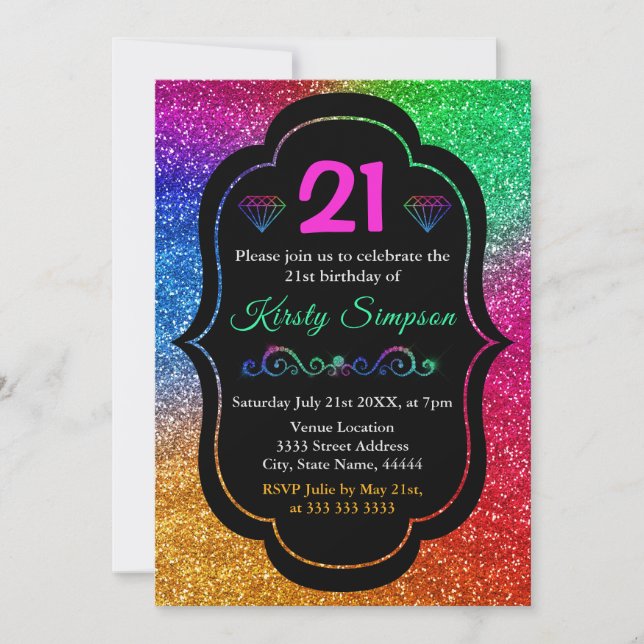 Sparkly Rainbow Gradient Glitter Birthday Invitation (Front)