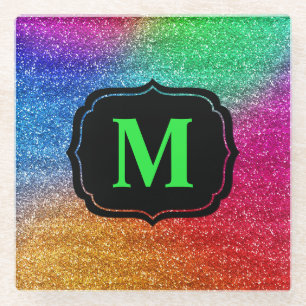 Sparkly Rainbow Gradient Glitter Monogram Glass Coaster