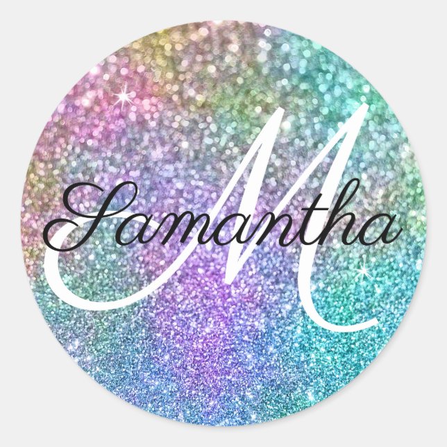 Sparkly Rainbow Mermaid Faux Glitter Monogram Classic Round Sticker (Front)