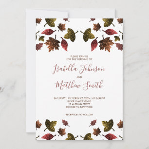 Sparkly red brown gold leaves fall autumn Wedding Invitation