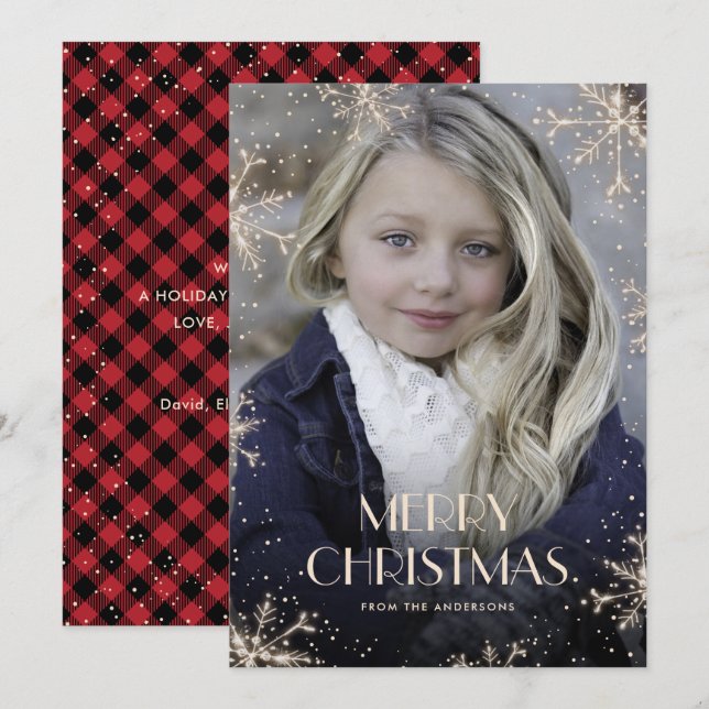 Sparkly Red Buffalo Plaid Photo Christmas Cards (Front/Back)