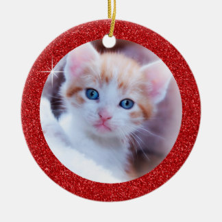Sparkly Red Glitter Adorable Family Kitten Photo Ceramic Ornament