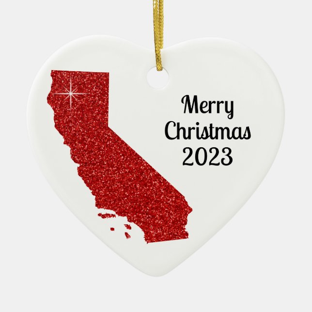 Sparkly Red Glitter California Merry Christmas Ceramic Ornament (Front)