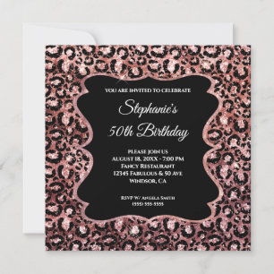 Sparkly Rose Gold Black Leopard Glam 50th Birthday Invitation