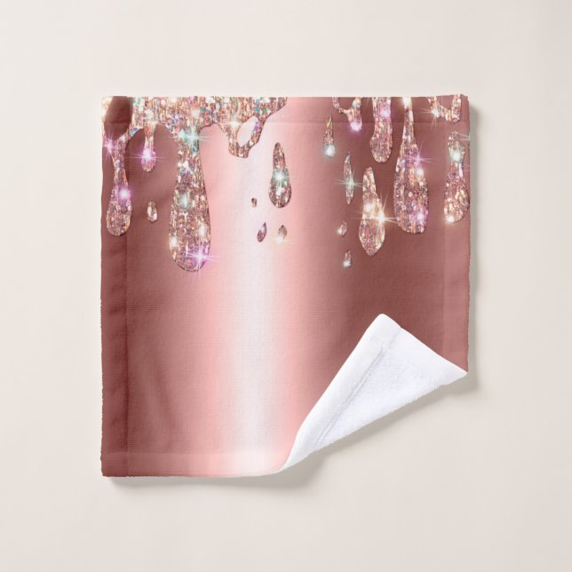 Sparkly Rose Gold Drip | Diamond Glitter on Sateen Bath Towel Set (Wash Cloth)