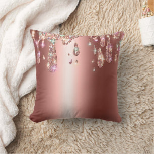 Sparkly Rose Gold Drip   Diamond Glitter on Sateen Throw Pillow
