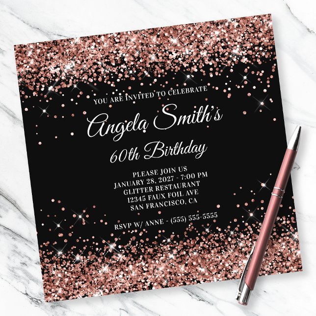 Sparkly Rose Gold Glitter 60th Birthday Black Invitation (Creator Uploaded)