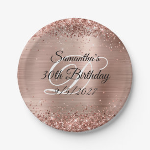 Sparkly Rose Gold Glitter and Foil 30th Birthday Paper Plate