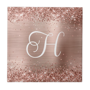 Sparkly Rose Gold Glitter and Foil Monogram Tile