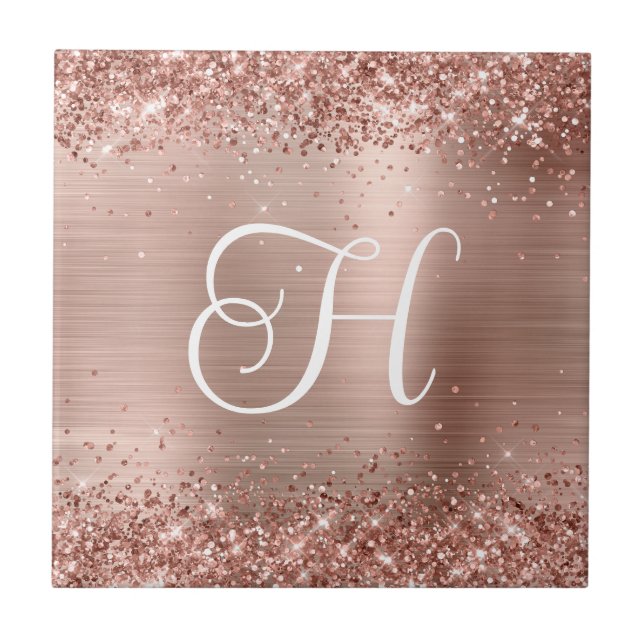 Sparkly Rose Gold Glitter and Foil Monogram Tile (Front)