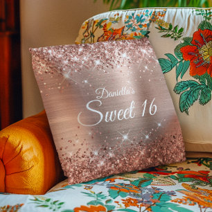 Sparkly Rose Gold Glitter and Foil Sweet 16 Throw Pillow