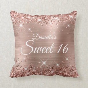 Sparkly Rose Gold Glitter and Foil Sweet 16 Throw Pillow