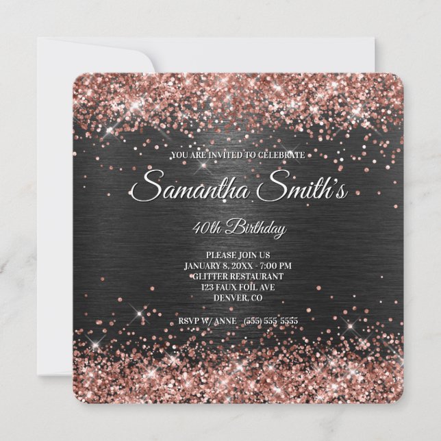 Sparkly Rose Gold Glitter Black Foil 40th Birthday Invitation (Front)