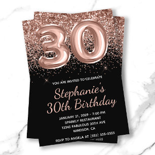 Sparkly Rose Gold Glitter Black Number 30 Birthday Invitation