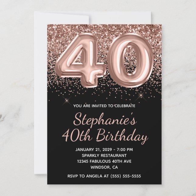 Sparkly Rose Gold Glitter Black Number 40 Birthday Invitation (Front)