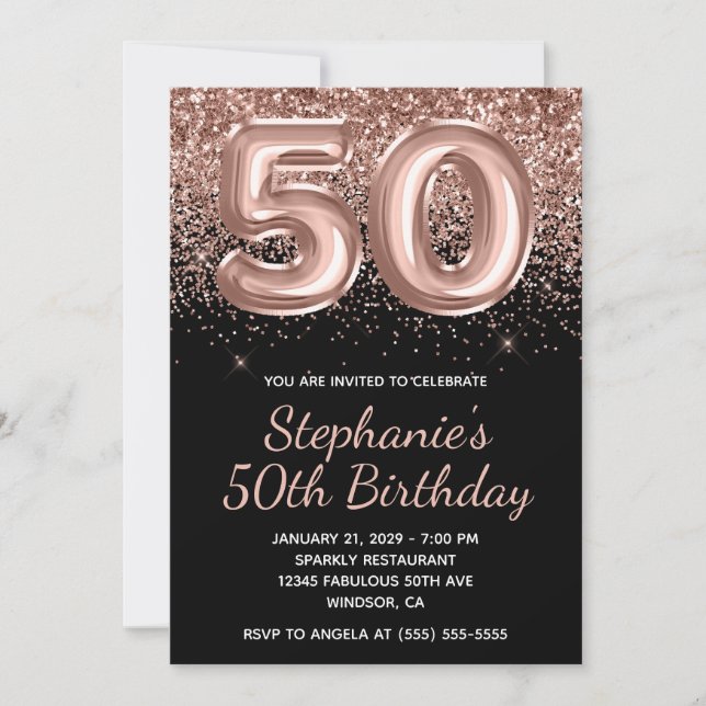 Sparkly Rose Gold Glitter Black Number 50 Birthday Invitation (Front)