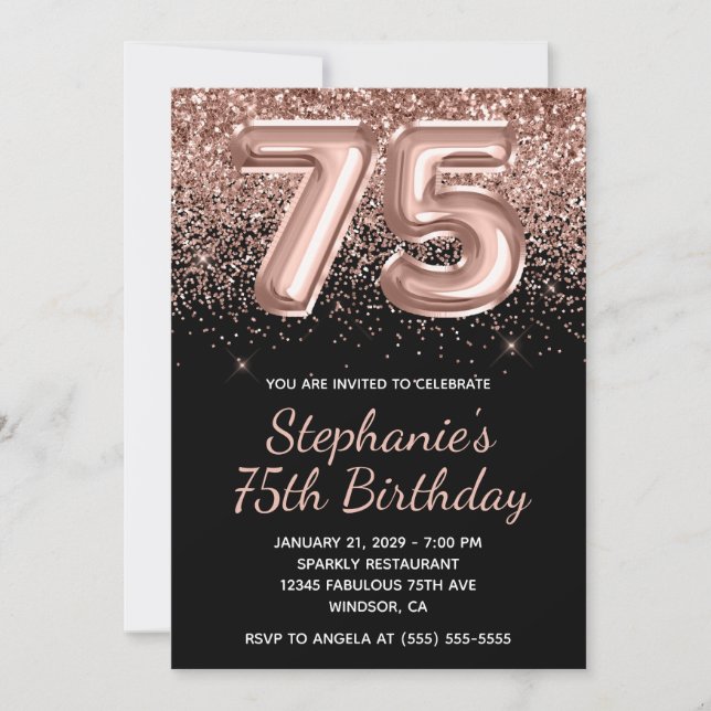 Sparkly Rose Gold Glitter Black Number 75 Birthday Invitation (Front)