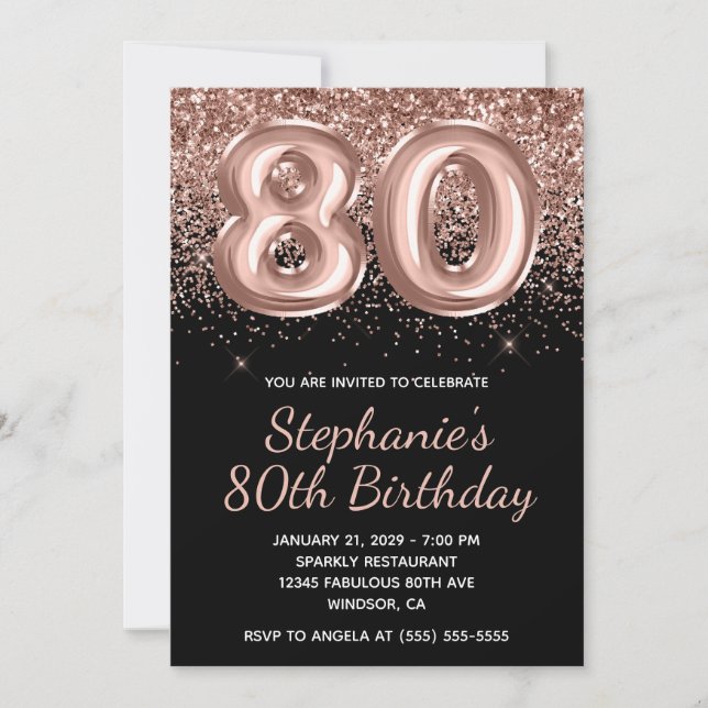 Sparkly Rose Gold Glitter Black Number 80 Birthday Invitation (Front)
