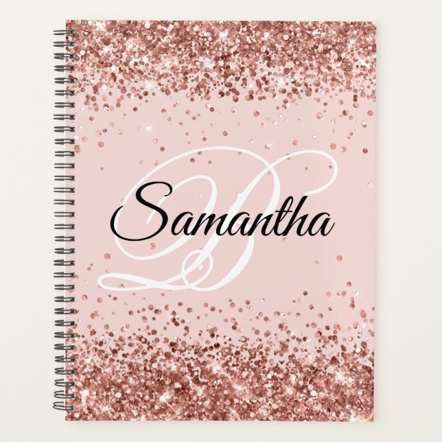 Sparkly Rose Gold Glitter Blush Fancy Monogram Planner (Front)