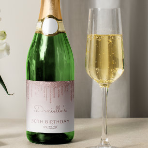 Sparkly Rose Gold Glitter Drip 30th Birthday Party Sparkling Wine Label