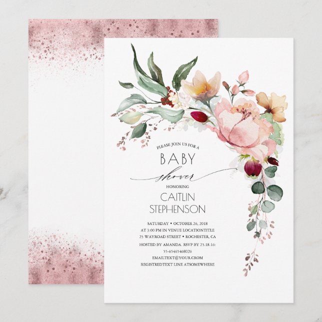 Sparkly Rose Gold Glitter Floral Baby Shower Invitation (Front/Back)