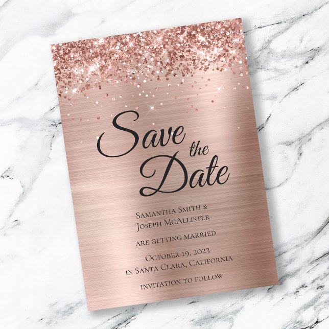 Sparkly Rose Gold Glitter Foil Glam Save The Date (Creator Uploaded)