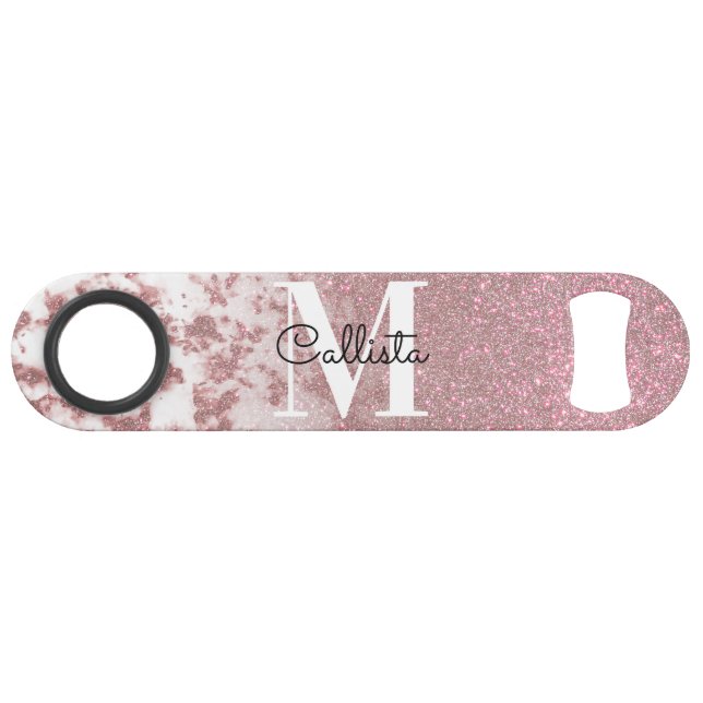 Sparkly Rose Gold Glitter Marble Ombre Monogram Bar Key (Front (Horizontal))